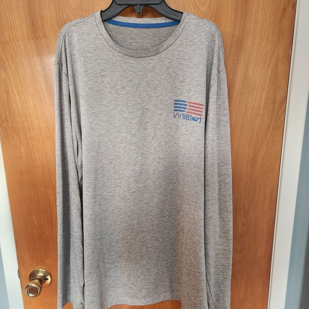 Vineyard Vines Performance Heather Gray Long Sleeve Shirt with Flag Logo